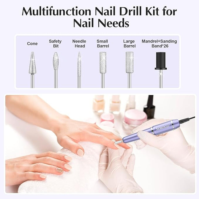 JIASHENG USB Electric Nail Drill, Portable Electric Nail File for Acrylic Gel Nails, Professional Drill Nail Kit Manicure and Pedicure Kit with Drill Bits for Home and Salon Use, Lilac