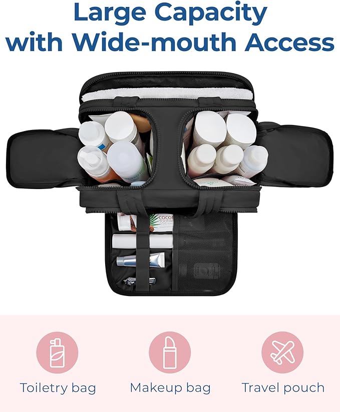 BAGSMART Travel Toiletry Bag, Lightweight Large Wide-open Travel Bag for Women, Puffy Cosmetic Makeup Bag Organizer with Handle for Accessories,Essentials, Toiletries, Black