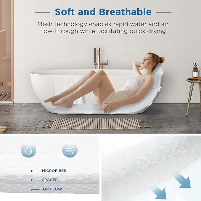 Full Body Bath Pillow for Tub, Extra Thick 4D Air Mesh & Quick-Dry Spa Pillow for Head Neck and Beck Support, Non-Slip Suction Cups Fits All Tubs - Luxury Bath Accessories for Relaxation (White)