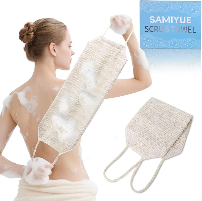 35.5" Long Exfoliating Washcloth Shower Loofah with Handle for Women, Natural Body Scrubber Back Cleaner for Shower, Double Layer Extra Rough Bath Scrubber for Body