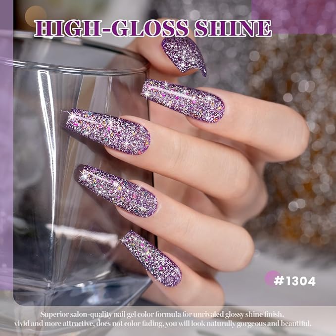 RARJSM Dark Purple Reflective Glitter Gel Nail Polish Holographic Rainbow Iridescent Sparkle Flash Diamond Shimmer LED UV Soak Off Gelpolish Nail Art Manicure Salon DIY at Home 1pcs 7.5ml