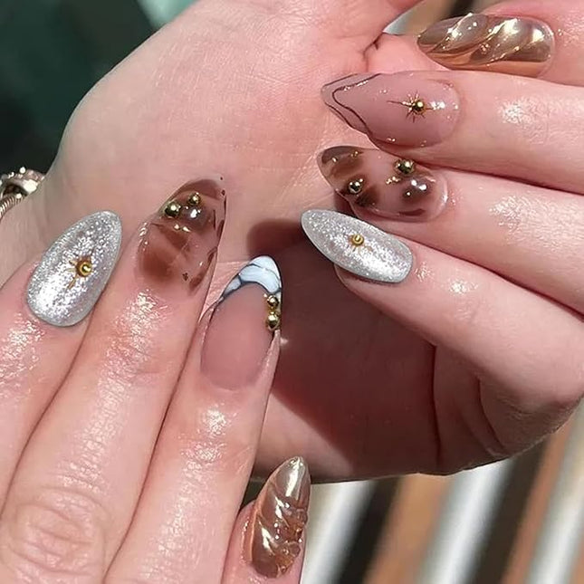 French Tips Press on Nails Almond Medium Fake Nails with Stripe 3D Gold Pearl Glitter Designs Brown Blue Acrylic Nail Glossy Nude Fall Winter Nails Press ons Cute Stick on Nail for Women 24 Pcs