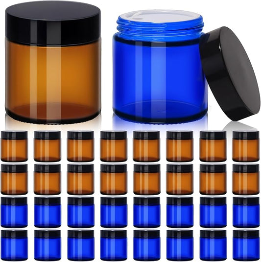 4 oz Amber & Blue Glass Jars with Lids - 32 Pack Leakproof Cosmetic Containers with Inner Liners, Wide-Round Smooth Mouth, Sealable for Creams, Lotions, Essential Oils, Travel Samples