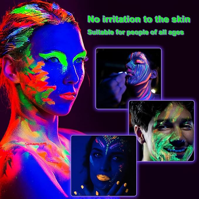 Glow in The Dark Face Body Paint, Glow In The Dark Under UV Black Light Sticks Makeup Neon Face Painting Kits for Adult Halloween Festival Accessory Glow Party Supplies (12)
