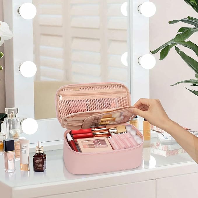 OCHEAL Small Makeup Bag,Portable Cute Travel Makeup Bag Pouch for Women Girls Makeup Brush Organizer Cosmetics Bags with Compartment-Pink