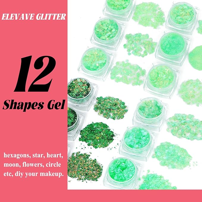 Body Glitter Face Glitter, Hair Glitter for Kids, 12 Shapes Fine Chunky Glitter Gel for Women Girls Makeup Sparkles Party Mermaid Sequins Rave Accessories Singer Concerts Festival (Green Scheme)