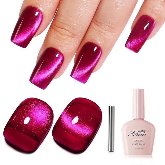 Imtiti Dark Pink Cat Eye Gel Nail Polish with Magnet, Holographic Glitter Shimmer Magnetic UV Gel Polish for Nail Art Soak off UV Led