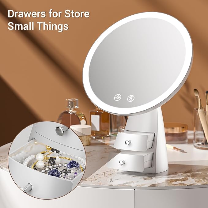 Makeup Mirror with Lights, Make Up Desk Mirror with Organizer, Rechargeable Touch Control 3 Color Lights and Adjustable Brightness, Lighted Vanity Mirror for Desk, Dresser Tabletop, Gifts for Women