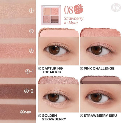 Peripera Ink Pocket Shadow Palette, Eyeshadow Quads, Creamy Formula, Blendable Matte & Shimmer Shades, Easy to Apply (008 STRAWBERRY IN MUTE, One Size)