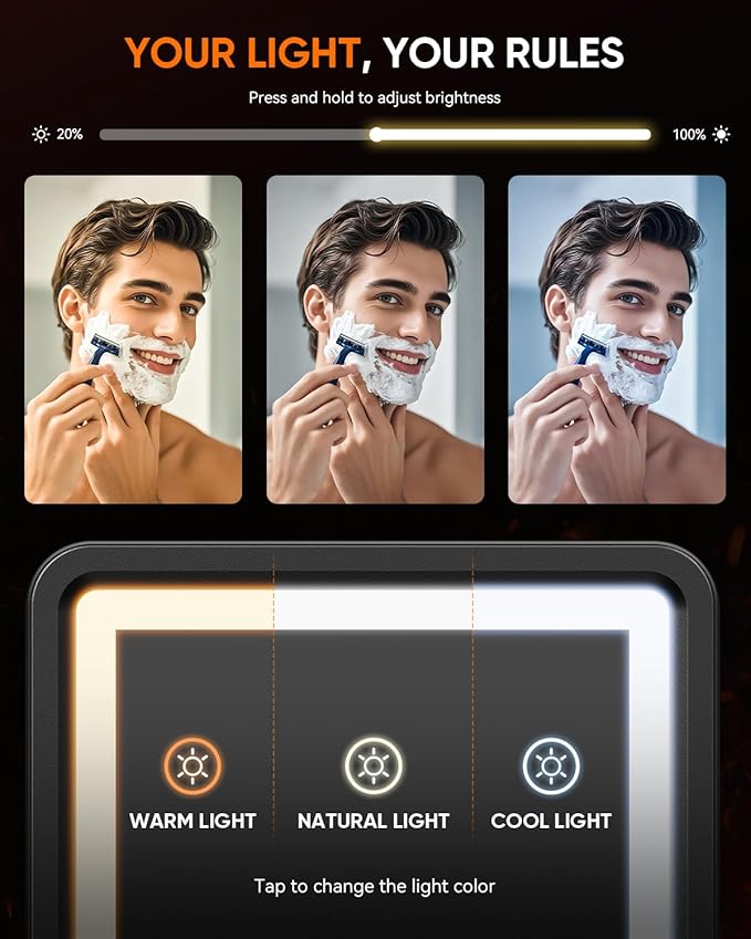 Heated Shower Mirror Fogless for Shaving 2025 New, 3 Colors Stepless Dimmable Lights Anti Fog Shower Mirror, Fog Free Mirror for Shaving with Razor Holder for Men, NO-Drilling, Removable - Black