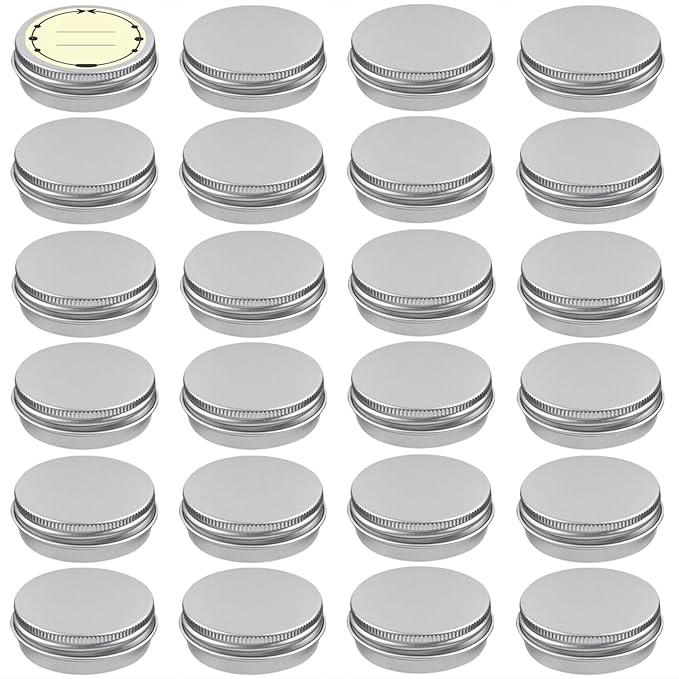 TUZAZO 24Pack 1/2 Oz Aluminum Tin Cans with Screw Lid and Labels, Refillable Travel Sized Cosmetic Containers Small Tins for Lip Balms, Salves, Lotion Bars, Candles