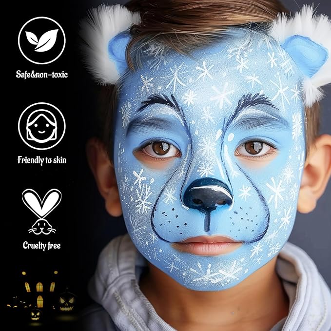 White Black Light Blue Face Body Paint with Applicator, Oil Based Face Painting Kit for Halloween Dead Bride, Blue Alien, Scary Doll Makeup, Cosplay, Costume, SFX Special Effect and Theme Parties