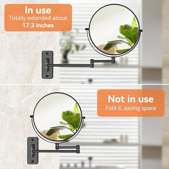 8” Makeup Mirror Wall Mounted, 1X/10X Double-Sided Wall Mount Magnifying Bathroom Mirror with Extendable Arm, 360° Swivel Vanity Shaving Mirror for Bathroom and Makeup, Black (No Light