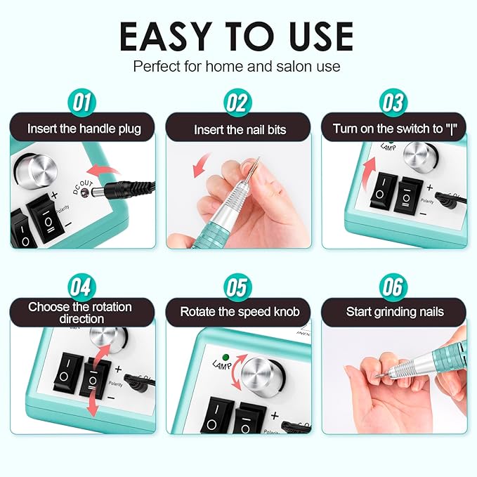 Subay 30000RPM Professional Nail Drill Machine for Acrylic Nails, Gel Nail, Nail Art Polisher Sets with 6 Bits Easy Build-in Bit Holder Twist Lock Changing Bit