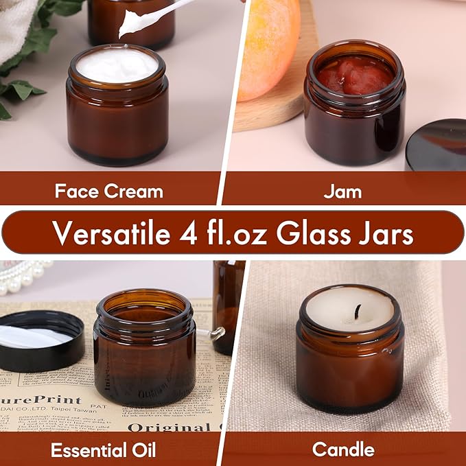 2 oz Amber Glass Jars with Lids 24Pack, Small Jars with Inner Liners for Sample, Powder, Cream, Lotion and Ointments with Stickers & Spatulas Included