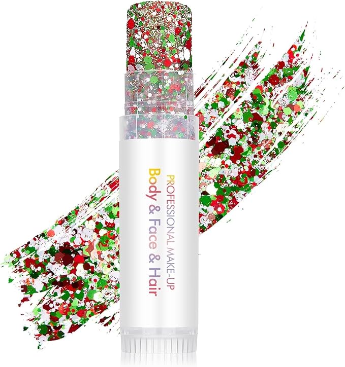 Body Glitter Stick,Face Hair Holographic Sparkling Neon Outfit Singer Concert Music Rave Festival Party Accessories Glitter Makeup. (Red & White & Green)