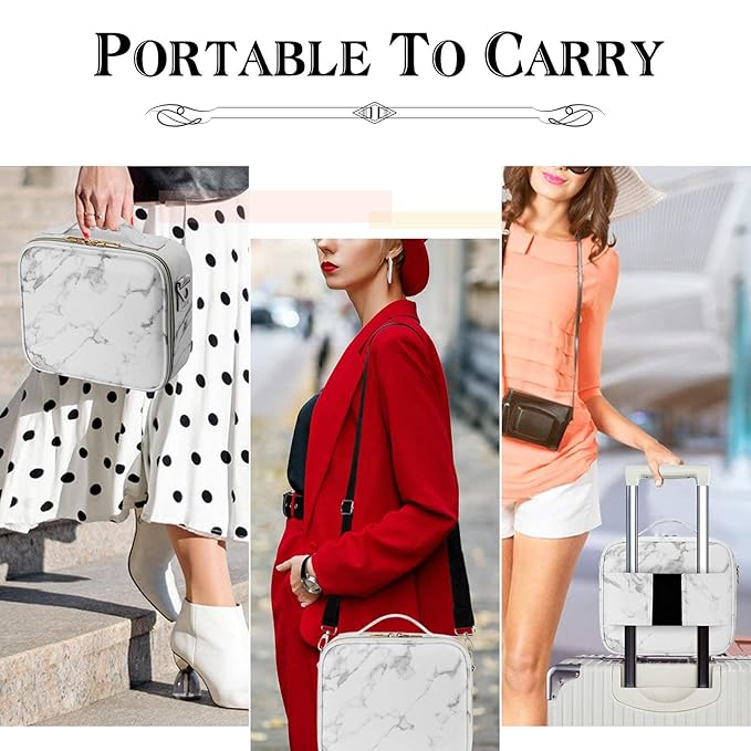 gzcz Travel Makeup Bag 10.2'' Cosmetic Bag Organizer Make up Train Case Portable Brush Artist Storage bag with Adjustable Dividers and shoulder strap for Make up Accessories (Marble White)