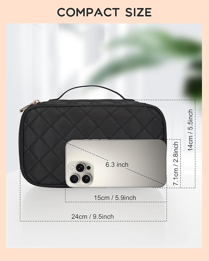 Relavel Makeup Bag, Small Makeup Bag for Women, Travel Cosmetic Bag, 2 Layers Waterproof Makeup Organizer Storage with Makeup Brush Holder, Black