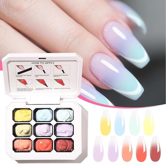 Ombre Gel Nail Polish with Nail Art Sponges for Pat Gel Ombre Color Palette Blush Effect Gradient Painting Gels 9colors for Ombre Nails Multistyle French Manicure DIY