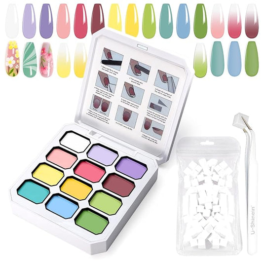 Gradient Painting Gel, 12 Bright Colors Ombre Gel Nail Polish with 100Pcs Nail Sponges &Tweezer for Pigment Pat Nails Aura Nails French Manicure Soak Off UV Set Solar Flare Palette