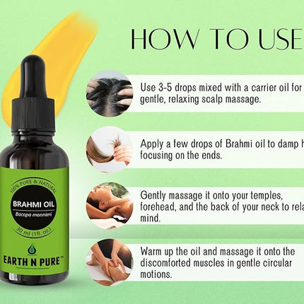 Earth N Pure Brahmi Oil for Hair, Cold Pressed, Natural and Therapeutic Grade with Glass Dropper - 30 ML