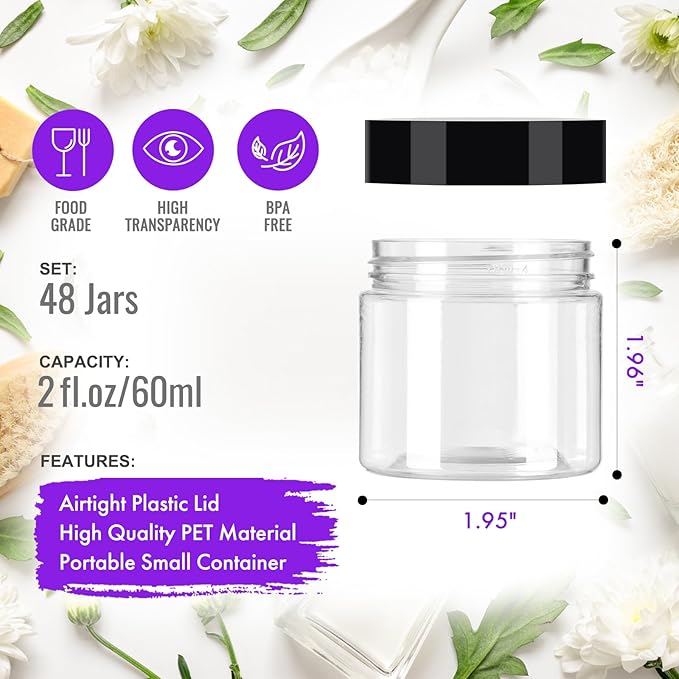 2 oz Plastic Jars with Lids 48Pack,Empty Small Plastic Jars with Lids for Storage, Round Clear for Cream,Lotion,Powder,Ointment(2fl.oz,set of 48)