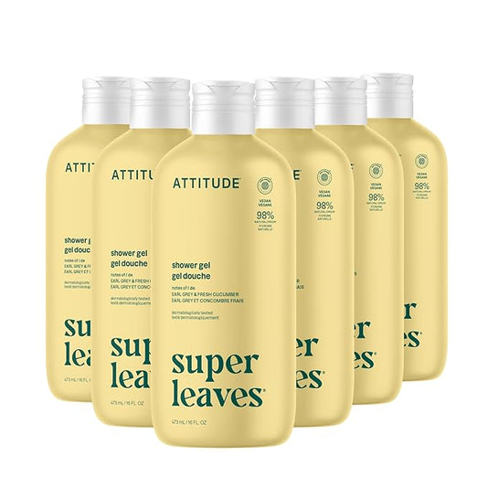 ATTITUDE Body Wash, EWG Verified Shower Gel, Dermatologically Tested, Plant and Mineral-Based, Vegan Personal Care Products, Lemon Leaves, 16 Fl Oz (Pack of 6)