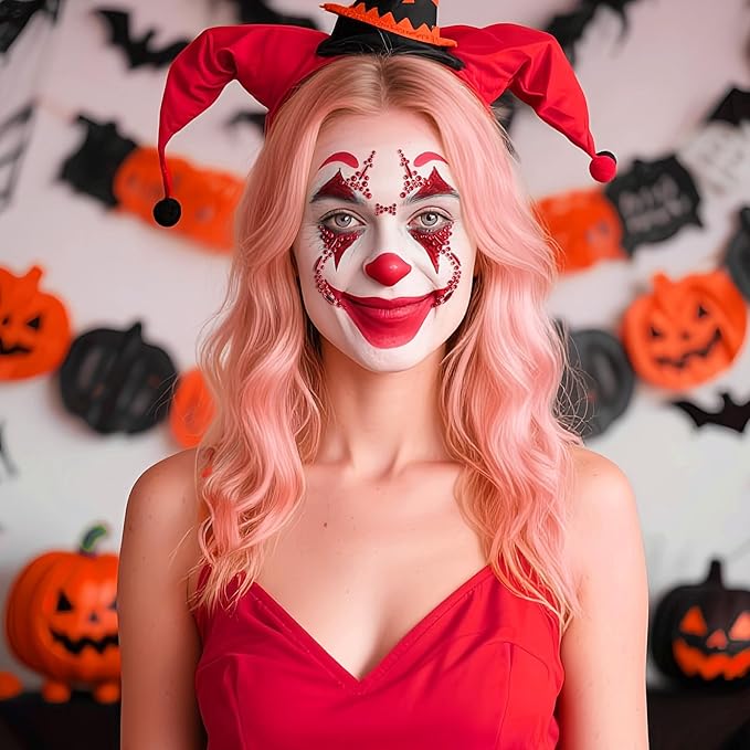 Halloween Face Gems Jewels Tattoos, 2Sheets Day of the Dead Skull Face Temporary Tattoos, Clown Face Makeup Stickers for Halloween Festival Rave Party Outfit