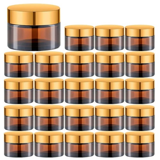 1 Oz Amber Round Glass Jars with Inner Liners and Gold Lids(24PCS) Empty Cream Containers Refillable Cosmetic Vials for Cosmetics, Lotions, Ointment, Body Scrubs & Balms
