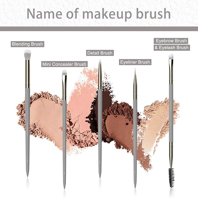 Eye Makeup Brush Set 5pcs - Eyeshadow, Blending, Concealer & Dual-Ended Brow Brushes - Small Travel Make up Tools with Wood Handle & Fluffy Bristles for Natural, Smoky and Glam Eyes Looks (Grey)