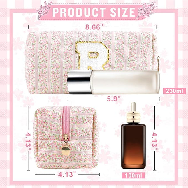 Personalized Quilted Cosmetic Bag, Puffy Monogrammed Christmas Birthday Gifts for Women & Girls, Cute initial Floral Makeup Bag Puffer Coquette Bag, Aesthetic Travel Toiletry Zipper Pouch(Pink,R)