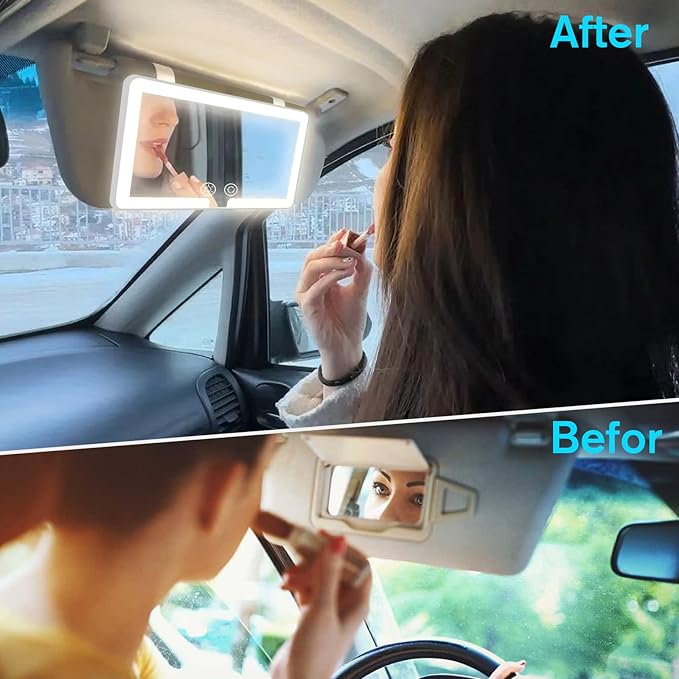 Car Vanity Mirror With Light,Rechargeable Car Sun Visor LED Makeup Mirror,Dimmable Touch Control Rear View Sun-Shading Cosmetic Mirror for Women Girl,LED Mirror for SUV RV Truck(White 1pcs)