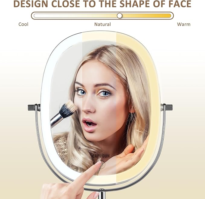 EAPUDUN Lighted Makeup Mirror 9" – 2-Sided Tabletop Vanity Mirror with 7X Magnification, 3 Color Lighting Modes, Rechargeable, 360° Rotation, 84 LED Lights