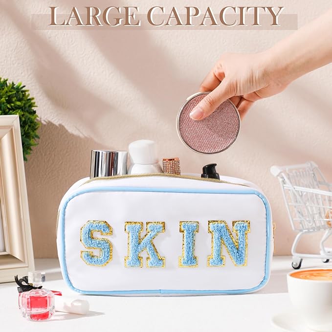 Cunno 4 Pcs Preppy Makeup Bags Chenille Letter Stuff Bag Nylon Cosmetic Pouch Cases with Zipper for Women Travel Toiletry