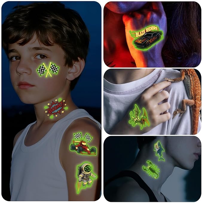 180 PCS Glow in The Dark Temporary Tattoos for Kids Boys Girls Luminous Truck Mermaid Unicorn Dinosaur Shark Animal Space Fake Tattoo Stickers for School Show Birthdays Halloween Party Supplies