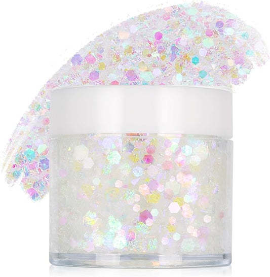 White Face Glitter Gel,Singer Concerts Festival Rave Accessories,Mermaid Body Glitter,Carnival Halloween Hair Glitter Sequins Face Glitter Paint Makeup,Sparkling Chunky for Women&Kids