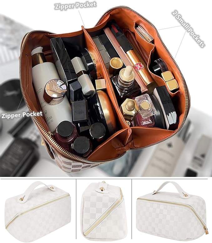 Checkered Travel Makeup Bags Cosmetic Organizer Bag: 2-Set Large Capacity Waterproof Makeup Bag - PU Leather Toiletry Bag for Women - Wide Open Portable Pouch with Handle and Divider (WHITE)