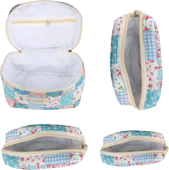 VIWIME Makeup Cosmetic Bag, Large Cotton Quilted Travel Coquette Aesthetic Cute Floral Make up Bag for Women Toiletry Bag Organizer(Grid Rose/4Pcs)