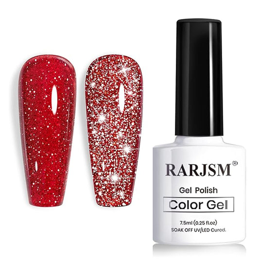RARJSM Red Reflective Glitter Gel Nail Polish Holographic Rainbow Iridescent Sparkle Flash Diamond Shimmer LED UV Soak Off Gelpolish Nail Art Manicure Salon DIY at Home 1pcs 7.5ml