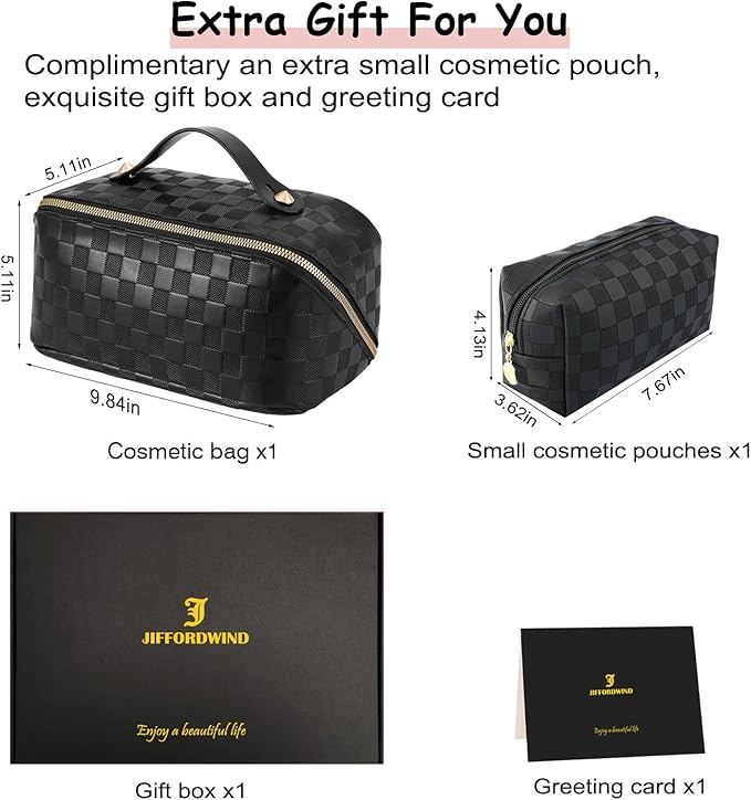 Checkered Travel Makeup Bags Cosmetic Organizer Bag: 2-Set Large Capacity Waterproof Makeup Bag - PU Leather Toiletry Bag for Women - Wide Open Portable Pouch with Handle and Divider (BLACK)