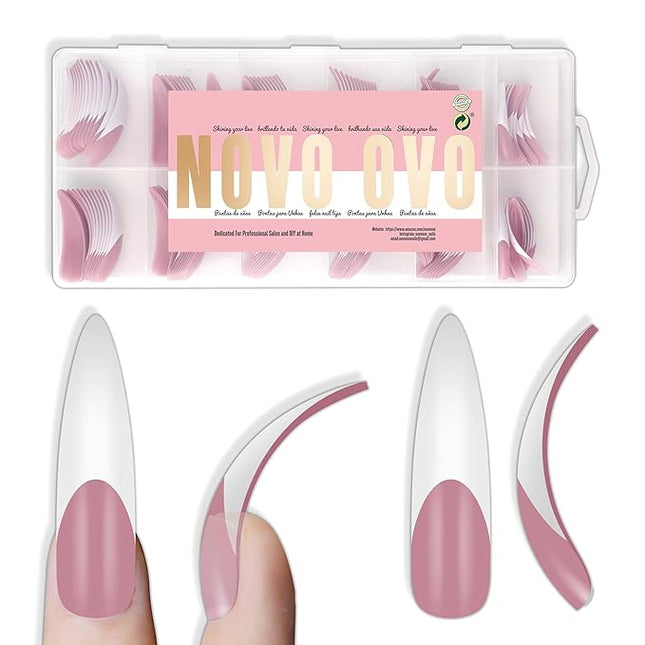 NOVO OVO Halloween XXL Curved Stiletto Almond French Tip Nail Tips Press on, BERRY PINK Full Cover Extra Thick Long XL Acrylic Hawk Curve Fake Extension Kit, Need Builder Gel, for DIY 12 Sizes 144 pcs