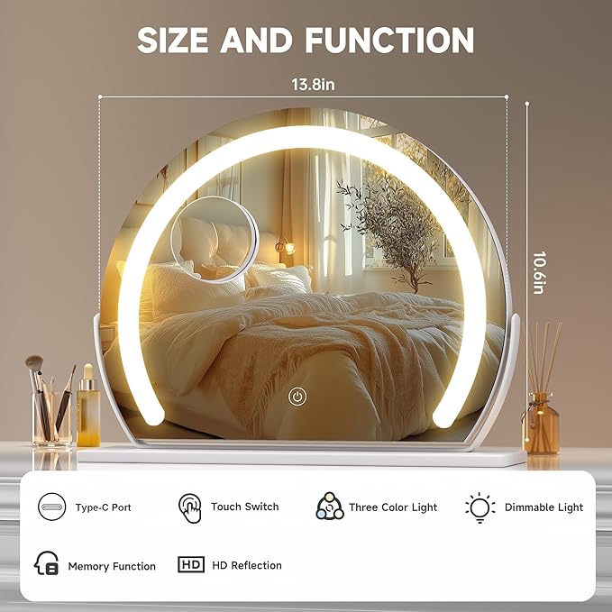 Hasipu Vanity Mirror with Lights, 13.7" x 10.6" LED Makeup Mirror, Lighted Makeup Mirror with Lights, Smart Touch Control 3 Colors Dimmable Mirror White