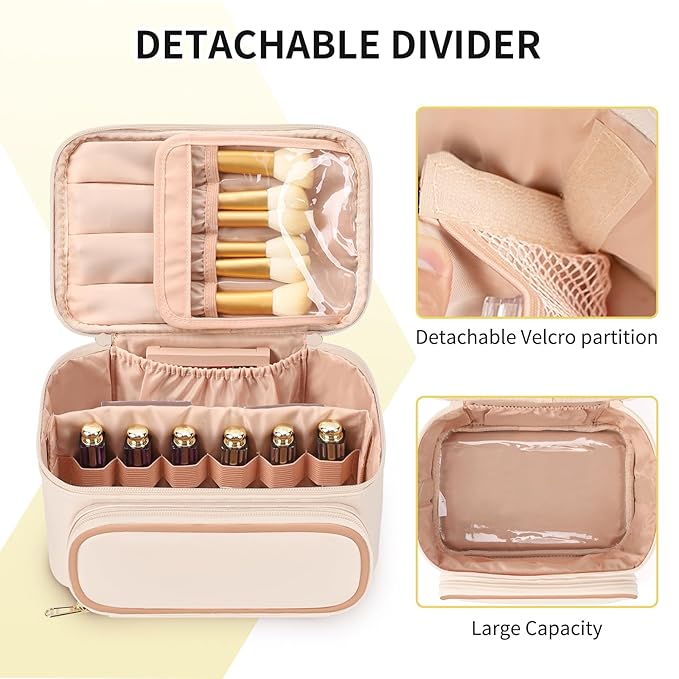 OCHEAL Makeup Bag, Multifunctional Make Up Bags Large Compact Makeup Bag Organizer Cosmetics Toiletry Brushes Storage Case for Women Girls Makeup Case with Handle Divider- Beige