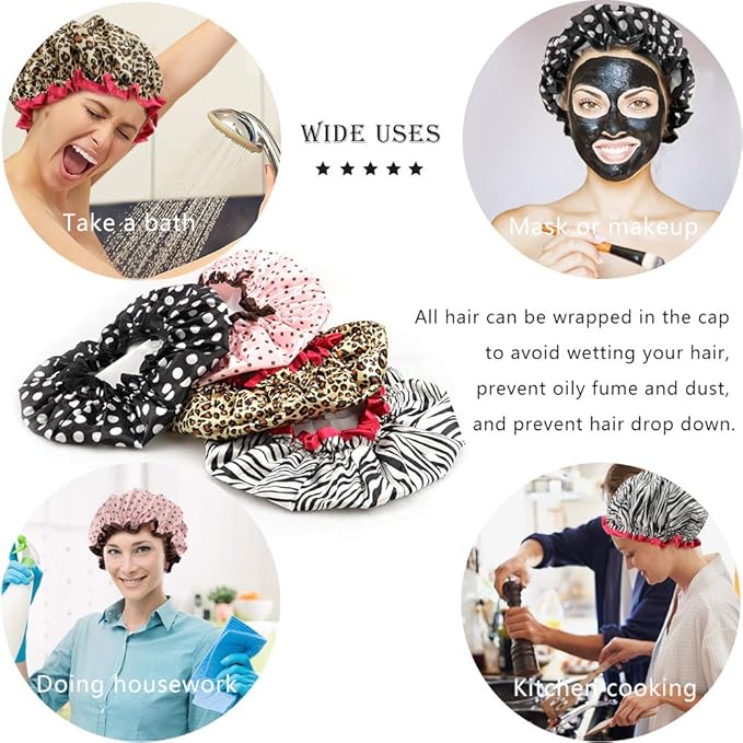 TCOTBE 4 Pieces Shower Cap for Women, Elastic and Reusable, Environmental Protection Hair Bath Caps, Double Waterproof Layers Bathing Hat