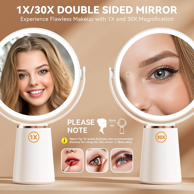 Makeup Mirror with Lights, Double Sided 30X/1X Magnifying Mirror, 3 Color Stepless Dimmable Mirrors with Touch Screen, 2000 mAh Rechargeable 360° Free Standing Vanity Mirrors for Women