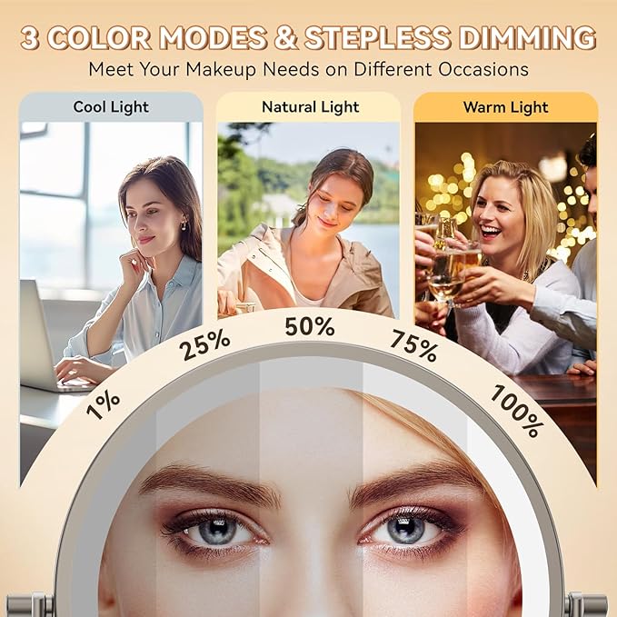 1X/30X Wall Mounted Lighted Makeup Mirror, 8" 3200 mAh Rechargeable Double-Sided Magnifying Mirror, Touch Dimmable 3 Color Lights, 360° Rotating Foldable 14.5" Extension Arm, Brushed Nickel