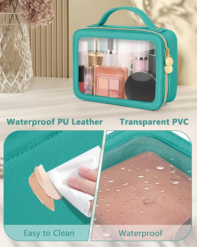 Clear Makeup Bag, Portable Travel Cosmetic Bags, Multipurpose Leather Toiletry Bag with Zipper, Waterproof Transparent Cosmetic Organizer for Women, Medium, Green