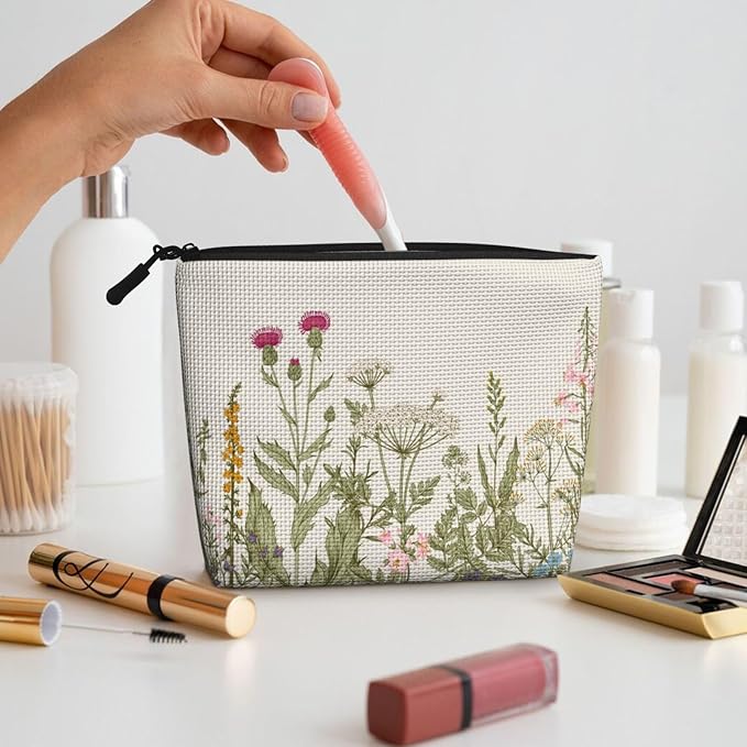 MOLAIGIN Vintage Color Plants Herbs Floral Cosmetic Bag For Women, Travel Makeup Bag, Toiletry Zipper Bag, Large Capacity Aesthetic Cases