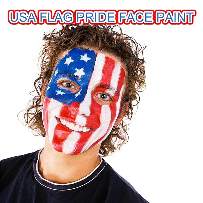 MEICOLY Red White Blue Face Body Paint with Setting Powder and Sponges,Water Based Face Paint for Halloween SFX Clown Devil Spiderman Cosplay Makeup,4th of July Body Paint