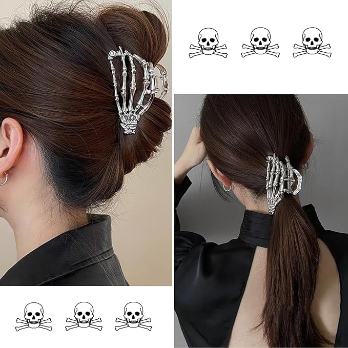 AIUPUOC Skull Hair Clips for Women: 2Pcs Large Gothic Silver Metal Hair Claw Clips for Thick Hair - Halloween, Spider, Skeleton Hand Designs